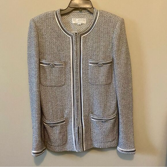 St. John Collection Marie Gray Blazer Jacket Gray Metallic Silver Accent Size 12 - Picture 1 of 7